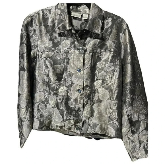 Chicos Jacket Silk Shacket Jacket Sz 0 Gray Pewter Shimmer Textured Button Down - Picture 1 of 9
